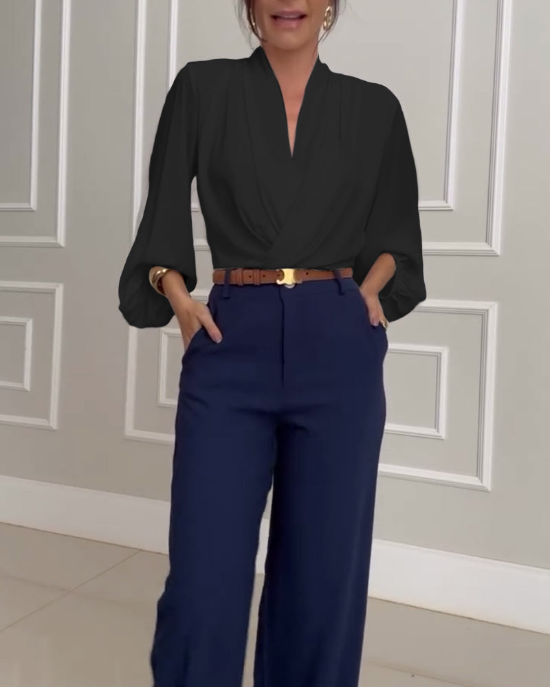 Mode unifarbene V-Ausschnitt Laternenärmel Bluse