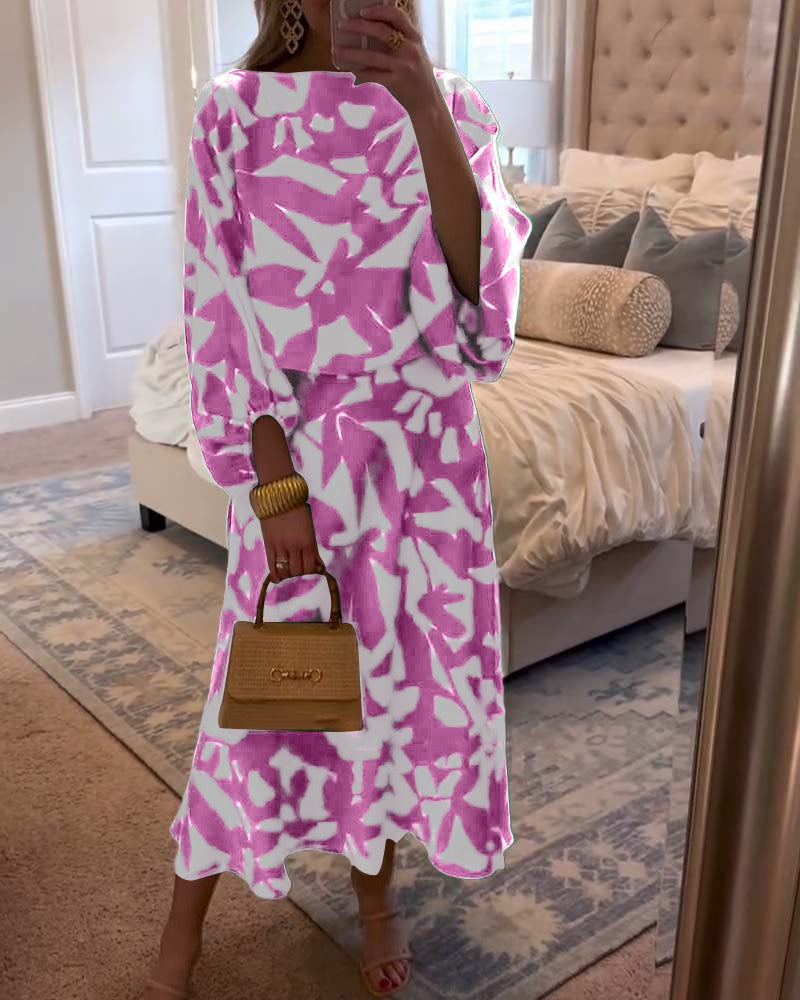 Temperament Gedruckte Laternenärmel Freizeitkleid Set