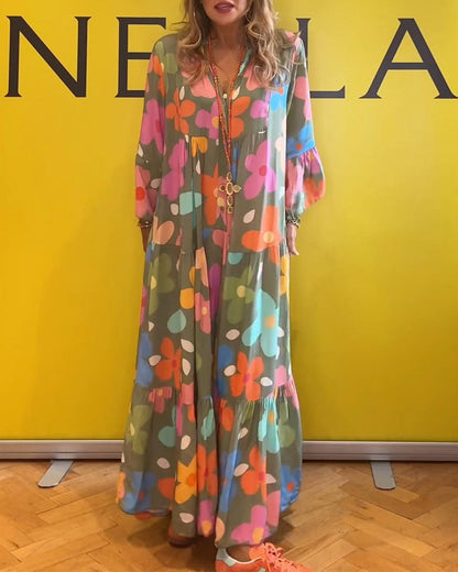 Buntes Blumenmuster Glockenärmel Freizeitkleid