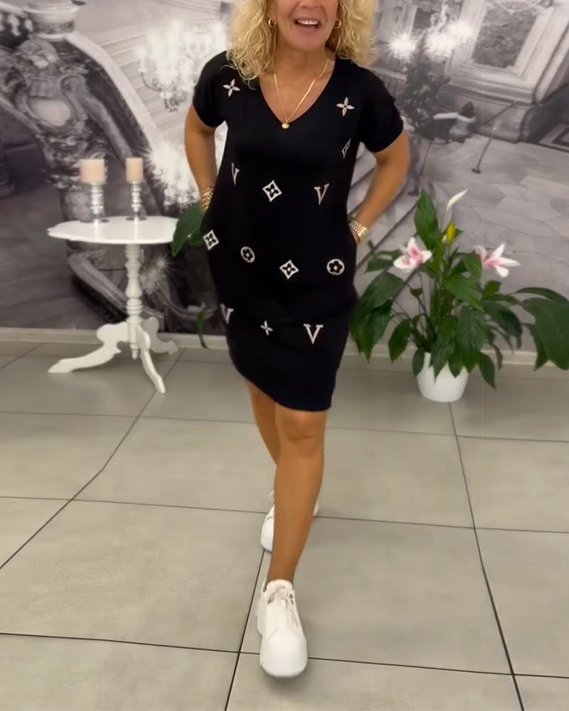 Mode V-Ausschnitt Kurzarmkleid