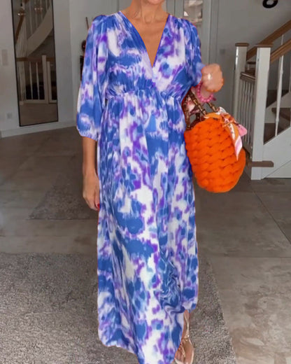 Mode Druck V-Ausschnitt 3/4 Ärmel Kleid