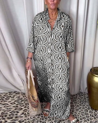 Vintage bedrucktes Revers-Taschen-Maxi-Kleid