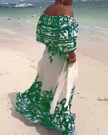 Off-Shoulder Gedrucktes Resort Kleid