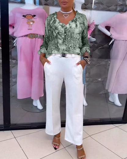 V-Ausschnitt Blumenmuster Bluse