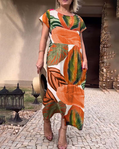 Blattdruck Kurzarm Schlitzkleid