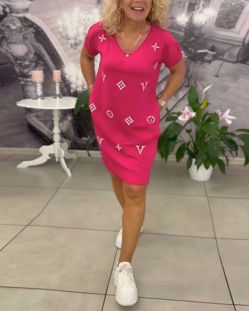 Mode V-Ausschnitt Kurzarmkleid