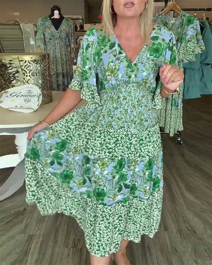 V-Ausschnitt Lotus Ärmel Blumen Kleid