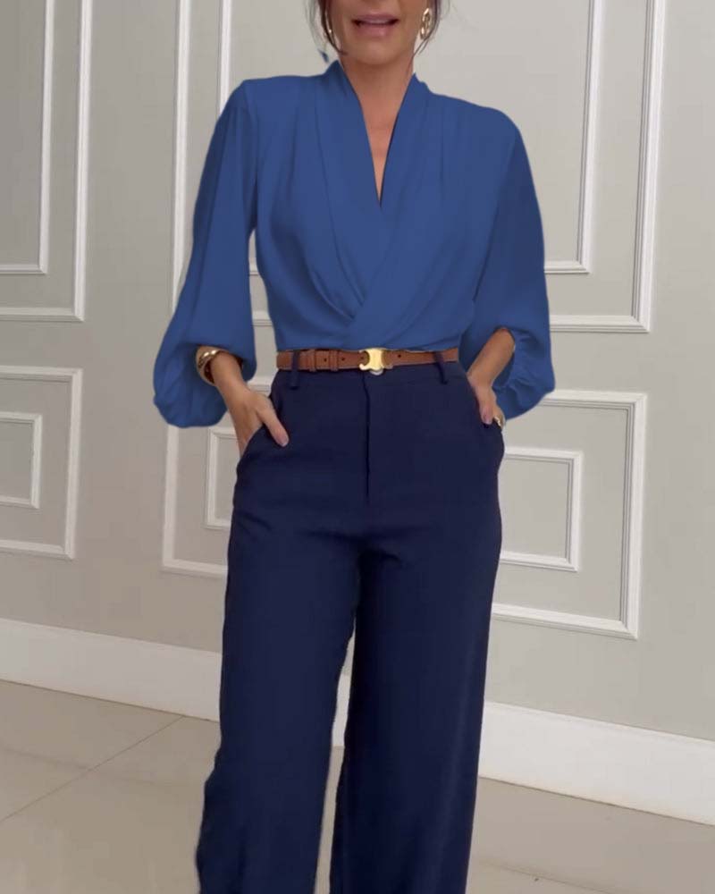 Mode unifarbene V-Ausschnitt Laternenärmel Bluse