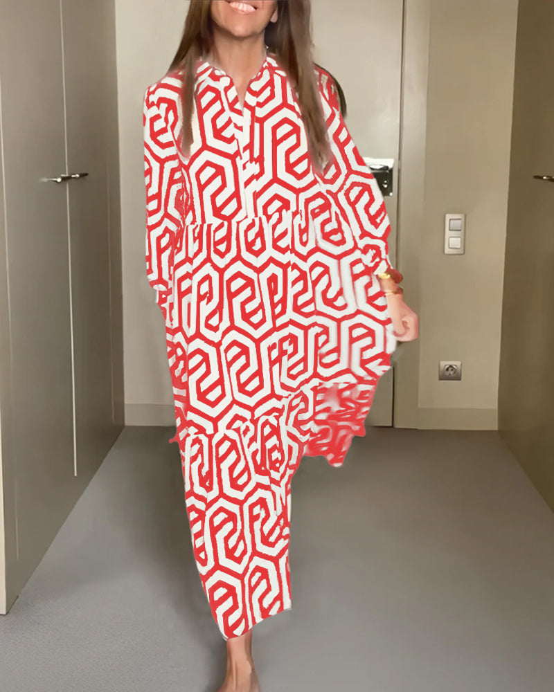 Geometrisches Druck Kleid mit Neun Punkten Ärmel