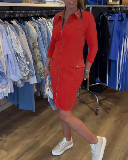 Revers Einfarbiger Reißverschluss Langarmkleid