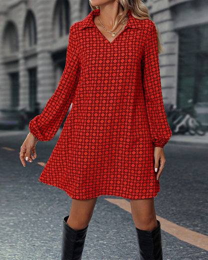 Revers Langarm Bedrucktes Kleid