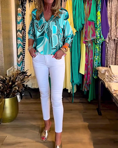 Langärmlige lockere bedruckte Bluse