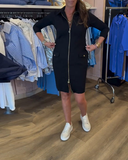 Revers Einfarbiger Reißverschluss Langarmkleid