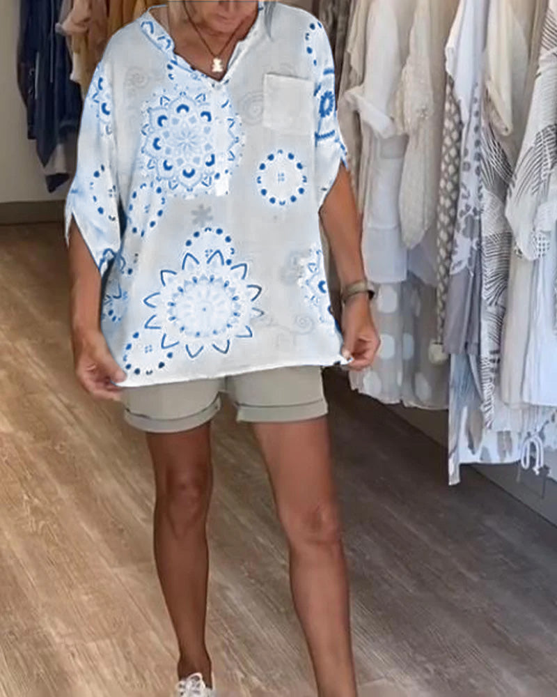 Vielseitige V-Ausschnitt Bedruckte Bluse mit Halben Ärmeln