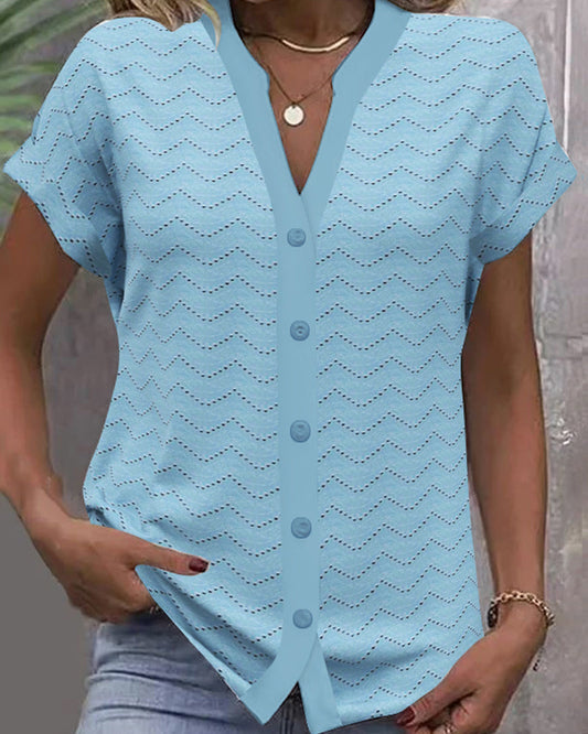 V-Ausschnitt Hohl Kurzarm T-Shirt