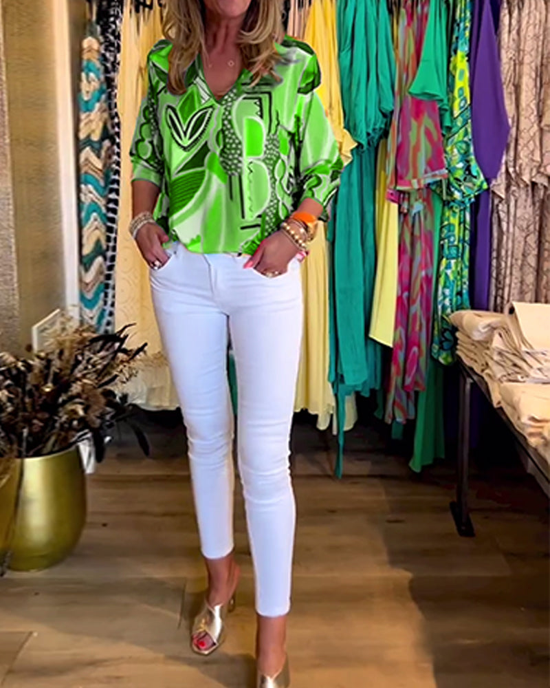 Langärmlige lockere bedruckte Bluse