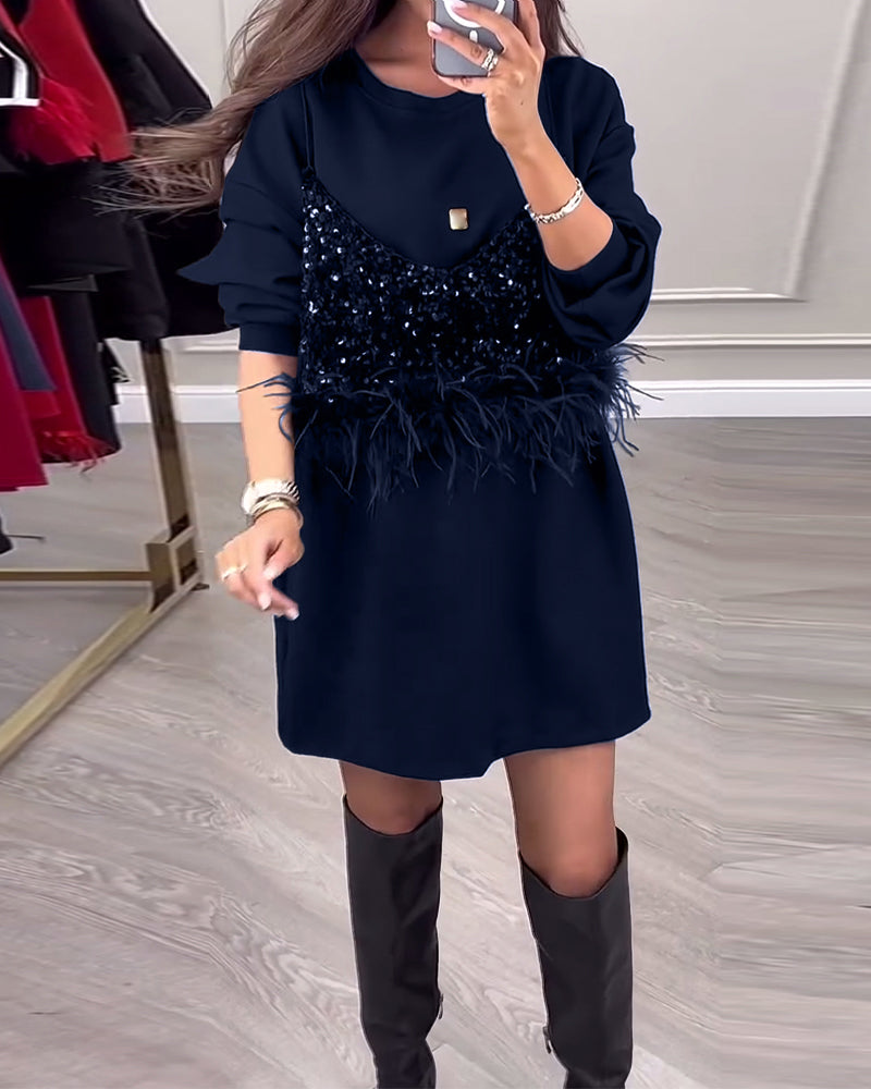 Mode einfarbig Pailletten Feder Patchwork Kleid