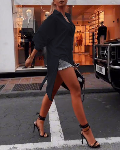 Einfarbiges Revers Schlitz Freizeithemd