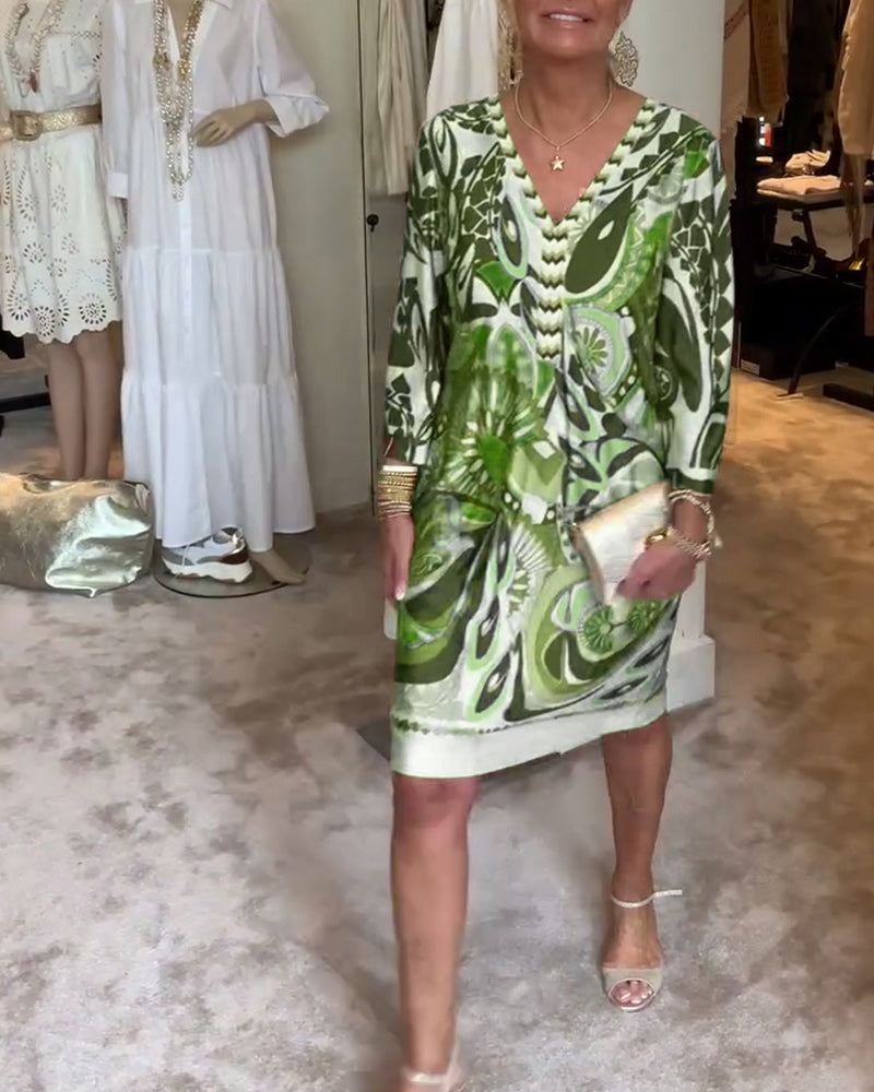 Retro-Druck V-Ausschnitt Freizeitkleid