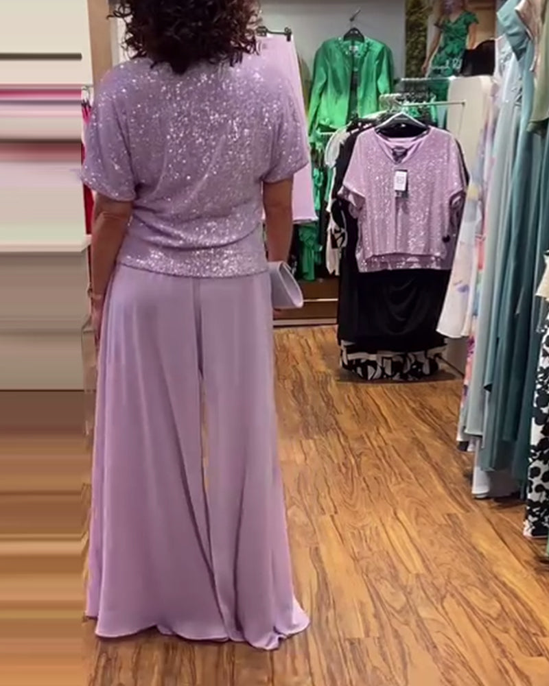 V-Ausschnitt kurzärmlige lockere Paillettenbluse