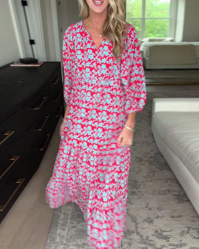 V-Ausschnitt Laternenärmel Blumenlanges Kleid