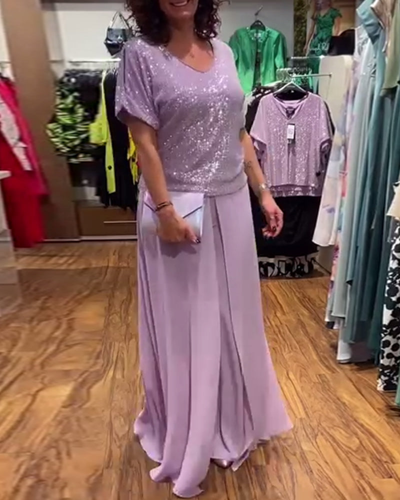 V-Ausschnitt kurzärmlige lockere Paillettenbluse