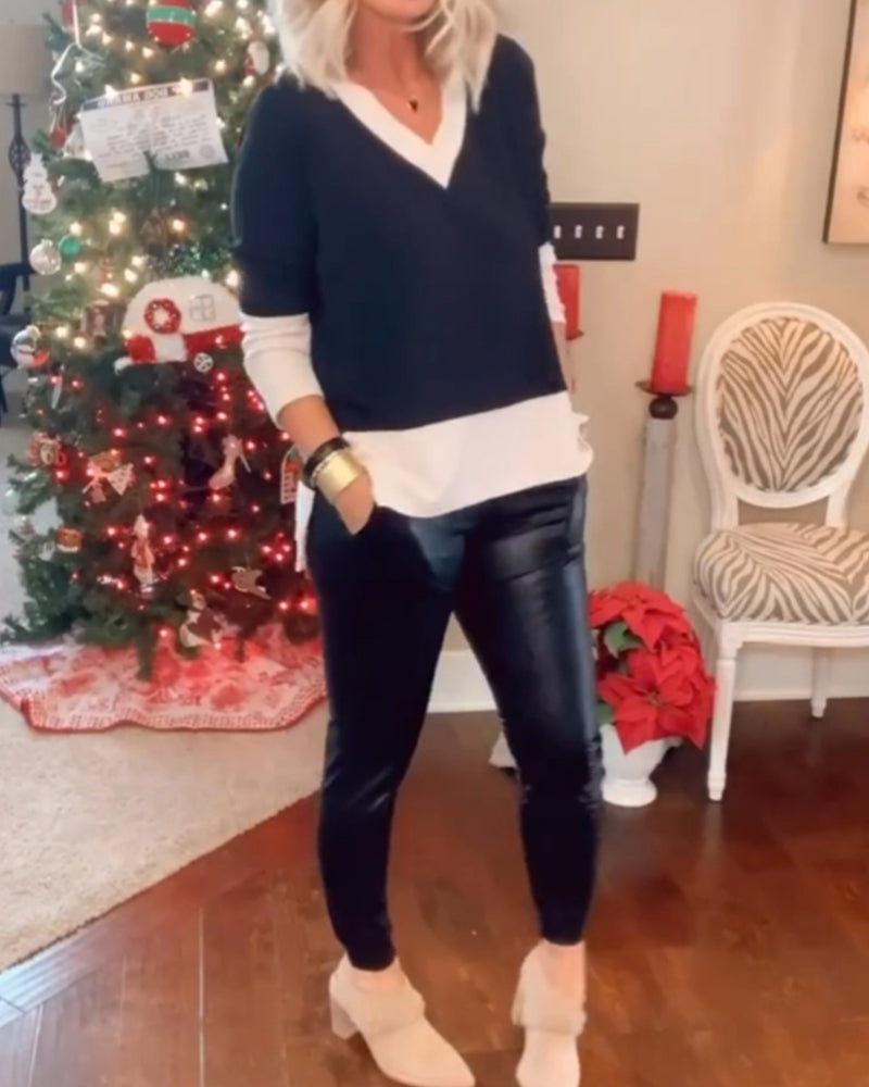 Farbenblock V-Ausschnitt lässiges Oberteil