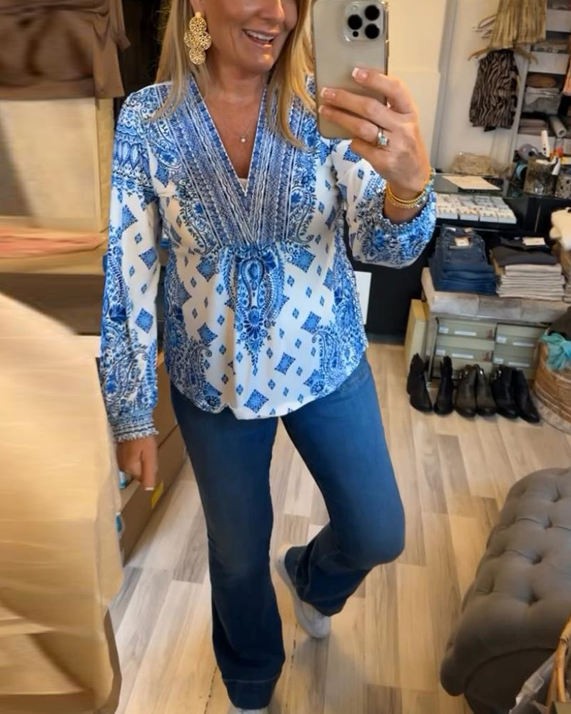 Lässiges V-Ausschnitt bedrucktes Oberteil