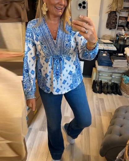 Lässiges V-Ausschnitt bedrucktes Oberteil