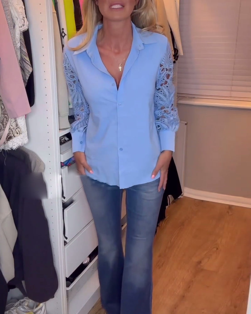 Bluse mit Revers und Spitzenärmeln in einfarbig