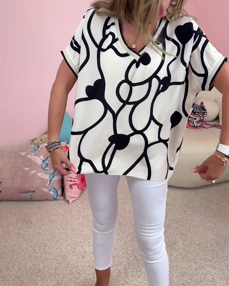 Kontrastdruck V-Ausschnitt Kurzarm Freizeitoberteil