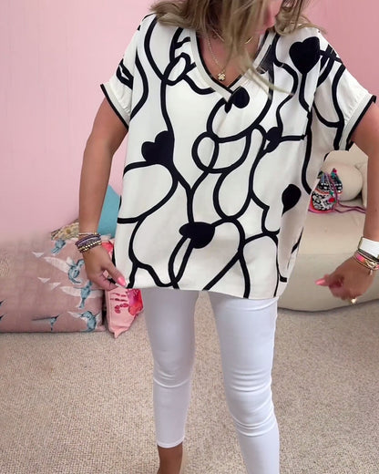 Kontrastdruck V-Ausschnitt Kurzarm Freizeitoberteil