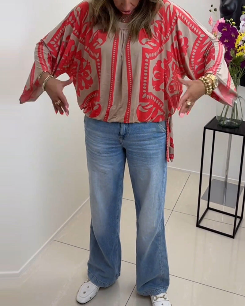 Bedrucktes, lässiges Langarmoberteil mit Rundhalsausschnitt