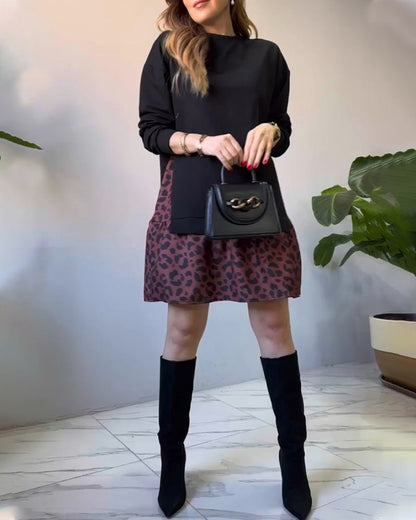 Patchwork-Leopardenmuster Freizeitkleid