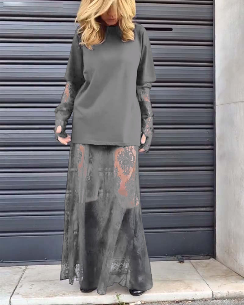 Zweiteiliges Set - einfarbiges T-Shirt und Spitzenrock