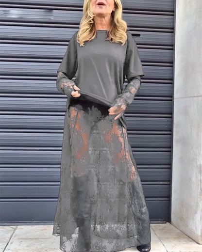 Zweiteiliges Set - einfarbiges T-Shirt und Spitzenrock