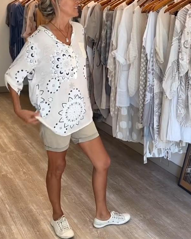 Vielseitige V-Ausschnitt Bedruckte Bluse mit Halben Ärmeln