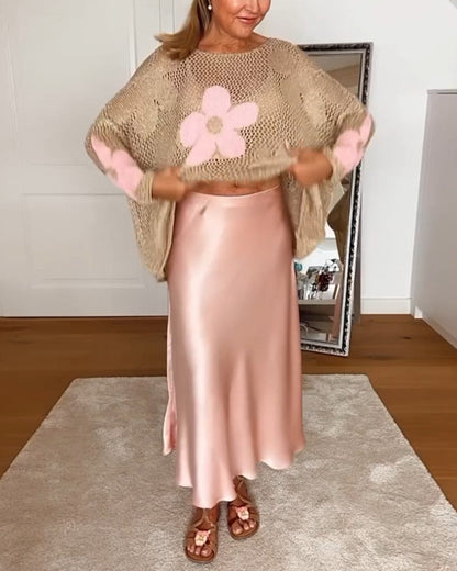 Lässiger floral runder Hals langärmeliger Pullover mit Ausschnitten