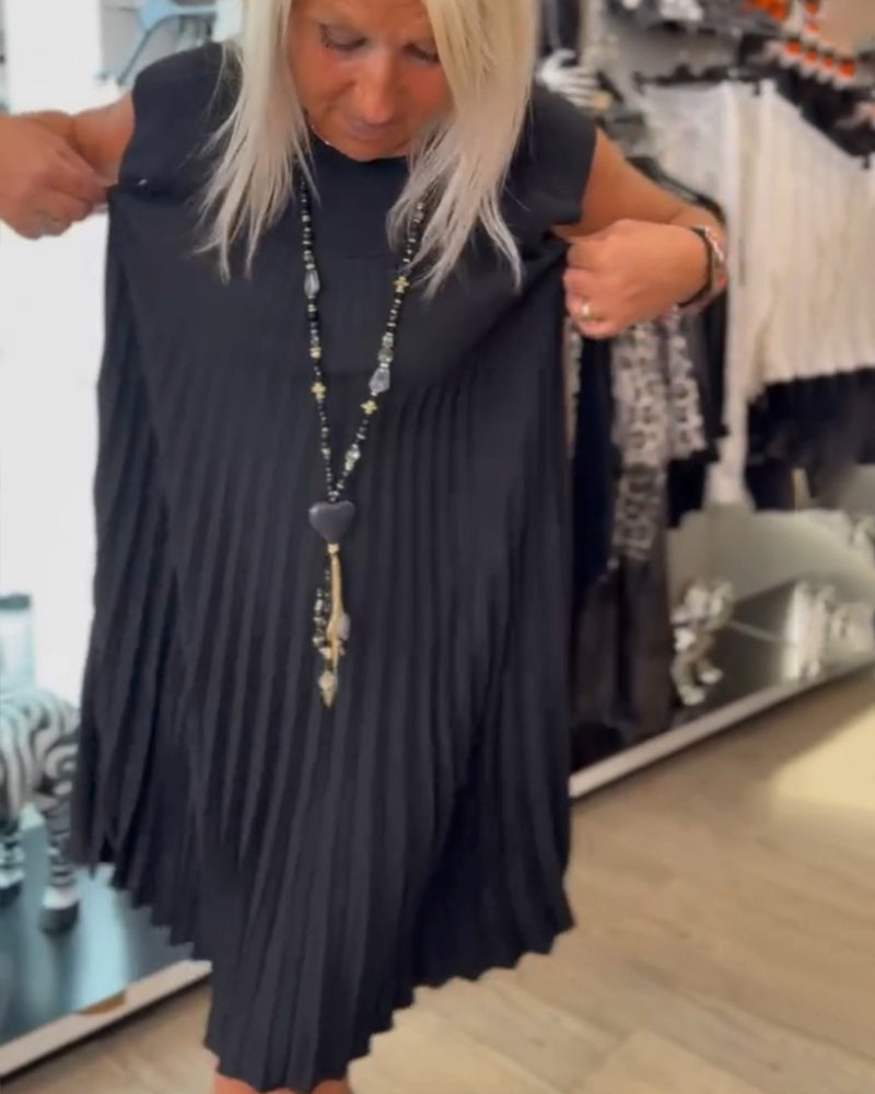 Rundhals einfarbig plissiertes Freizeitkleid