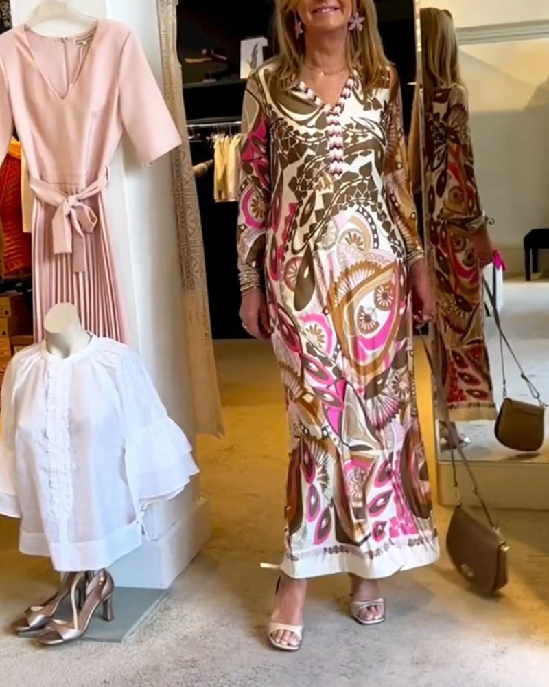 V-Ausschnitt lässiges bedrucktes langes Kleid