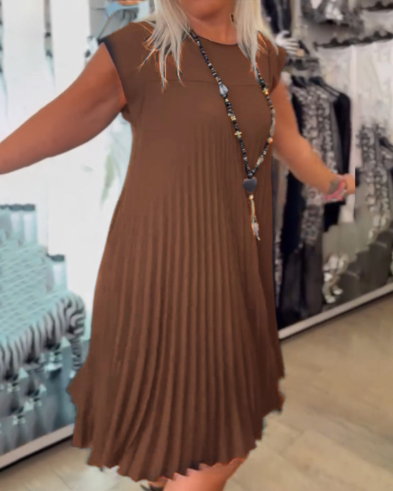 Rundhals einfarbig plissiertes Freizeitkleid