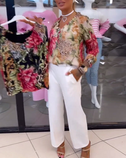 V-Ausschnitt Blumenmuster Bluse