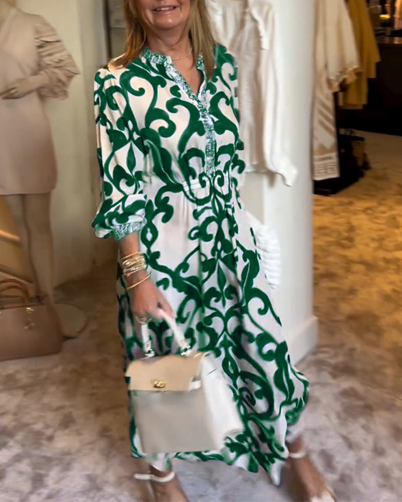 V-Ausschnitt Bedrucktes Lockeres Kleid