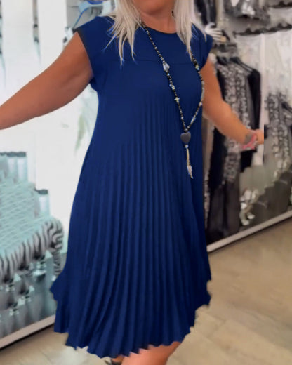 Rundhals einfarbig plissiertes Freizeitkleid