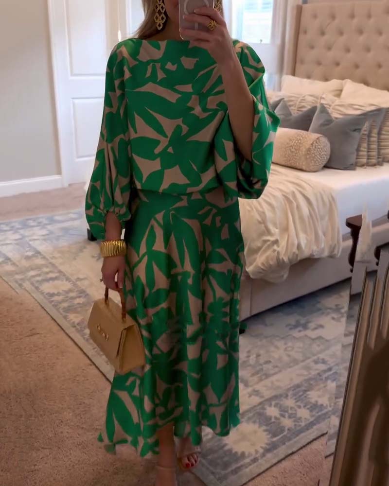 Temperament Gedruckte Laternenärmel Freizeitkleid Set