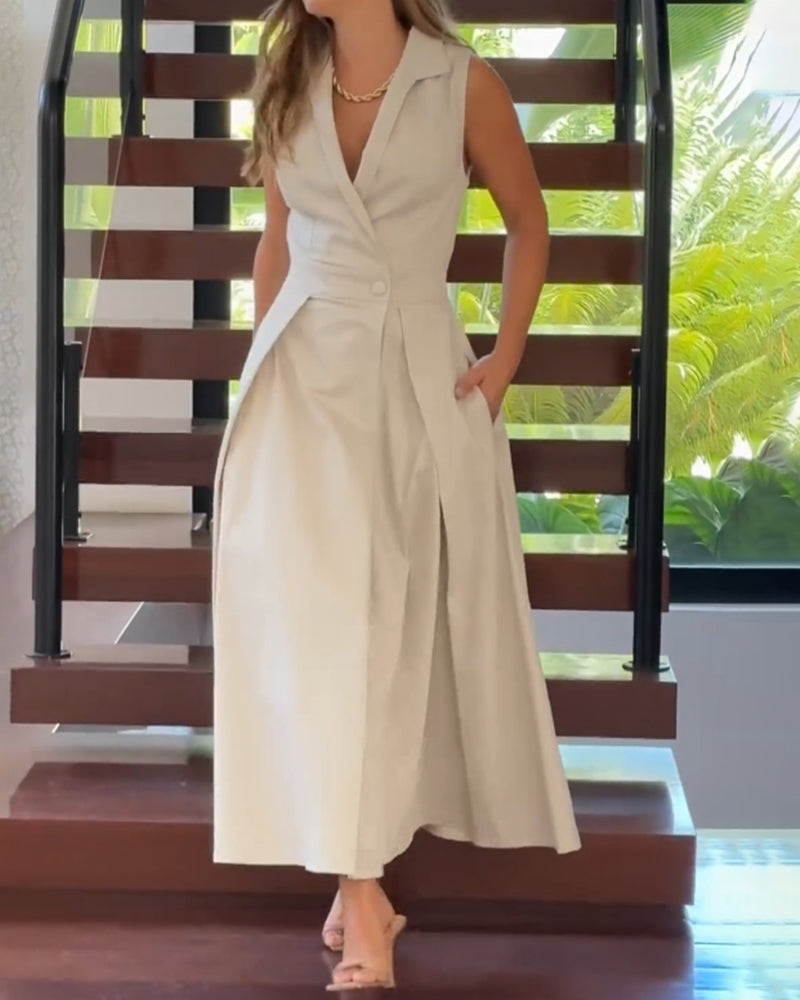 Ärmelloses Revers elegantes einfarbiges Kleid