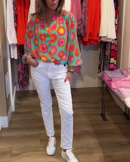 Buntes geometrisches Druckhemd mit Stehkragen