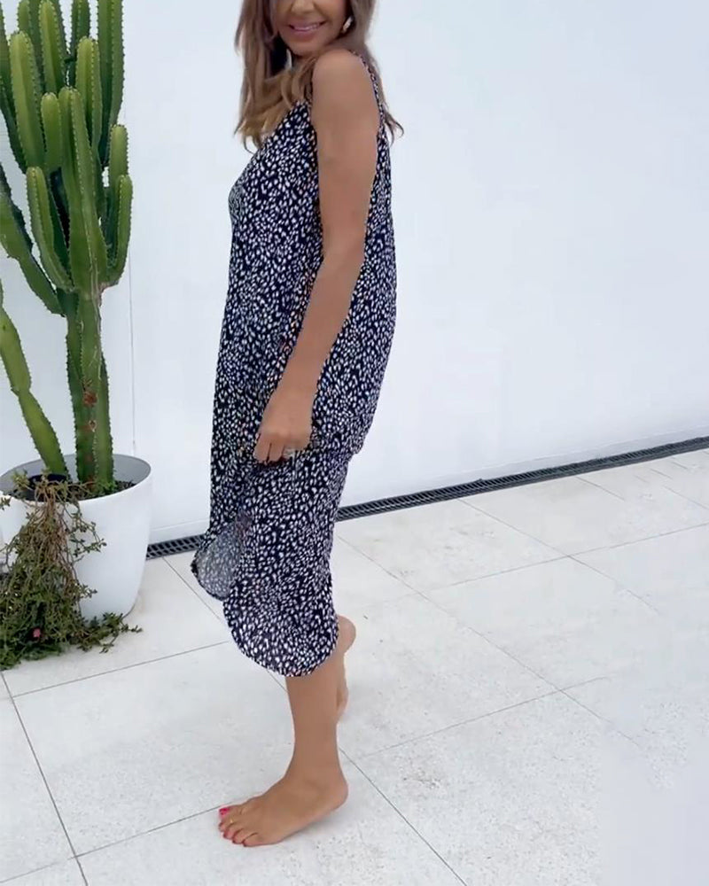 Bedrucktes ärmelloses V-Ausschnitt-Kleid