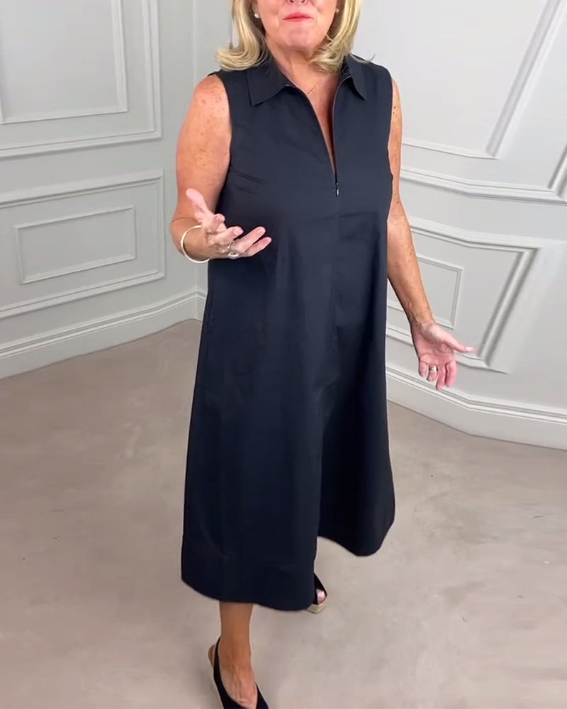Einfarbiges ärmelloses Revers Freizeitkleid