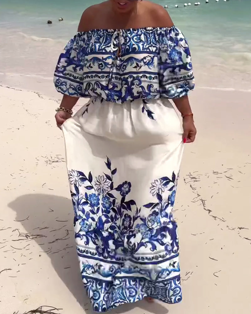 Off-Shoulder Gedrucktes Resort Kleid